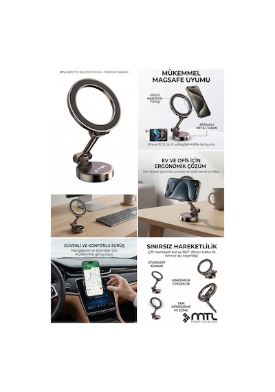 Katlanabilir Magsafe Uyumlu 360 Döner Çok Açılı Metal Telefon Standı Ve Araç İçi Telefon Tutucu