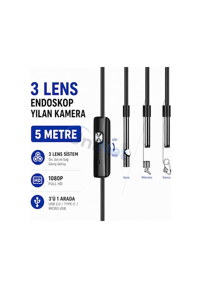 Uninet Türkiyede Ilk 5 Metre 3 Kameralı Android Ve Bilgisayar Uyumlu Endoskop Yılan Kamera 1080p Full Hd