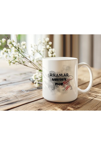 Aslanlar Ağustosta Doğar Yazılı Doğum Günü Kupa Bardak Güçlü Ve Cesur Tasarım Erkeklere Hediye Beyaz