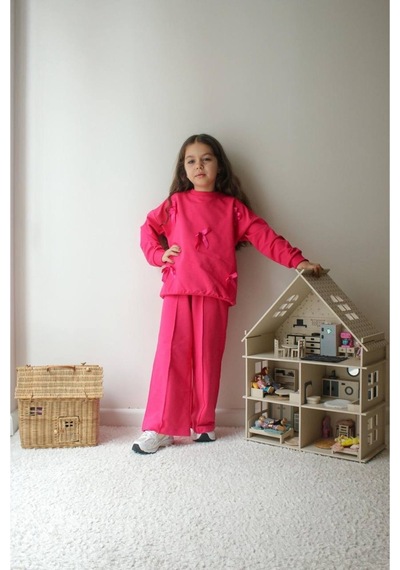 Jeliboomkidswear Kız Çocuk Kurdele Detay 3-10 Yaş 2 İplik Günlük Eşofman Takımı Pembe