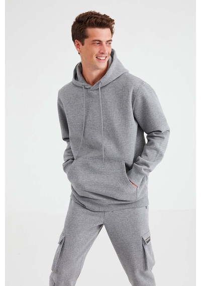 Grimelange Jorge Erkek Yumuşacık Kapüşonlu Organik Pamuk Kanguru Cepli Regular Açık Gri Sweatshirt