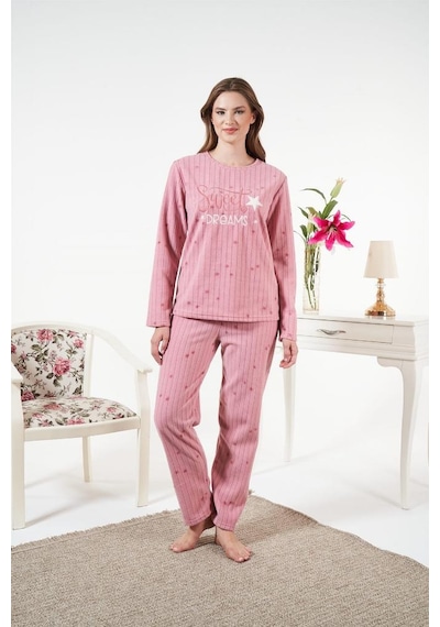 Estiva Önden Düğmeli Puantiyeli Fitilli Polar Bayan Pijama Takım Pembe