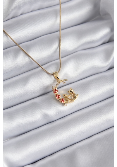 Ezoconcept 316l Çelik Gold Renk Hilal Kedi Model Zirkon Taşlı Detay Kadın Kolye Çok Renkli