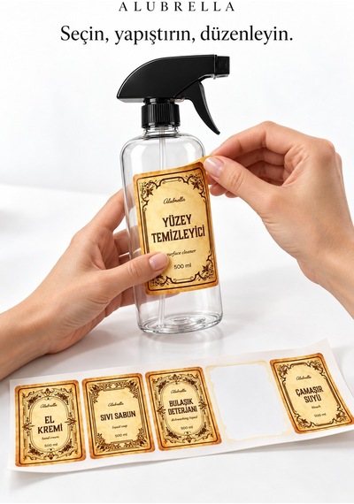 Alubrella 500 Ml Şeffaf Boş Sprey Şişe Ve 6 Lı Genel Amaçlı Etiket Seti Amber
