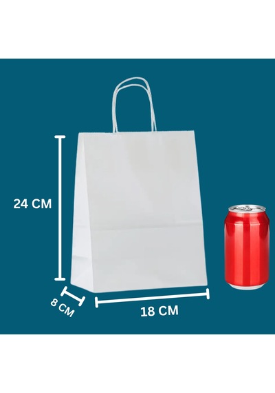 Büküm Saplı Kağıt Poşet Çanta 8x18x24 Cm Hediye Ve Alışveriş Çantası, 25 Adet, Beyaz Renk Tüm Yaşlar