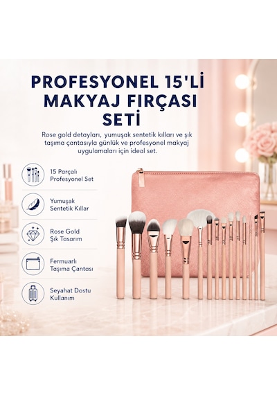 Hzl Profesyonel Pembe 15'li Makyaj Fırçası Seti-1600