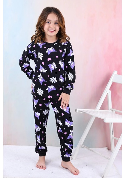 Kuromi Desenli Kız Çocuk Pijama Takımı Pembe 3-8 Yaş Siyah