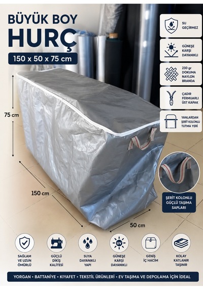 150x50x75 Büyük Boy Hurç Fermuarlı Su Geçirmez Uv Korumalı 230 Gr Dokuma Naylon Branda Gri