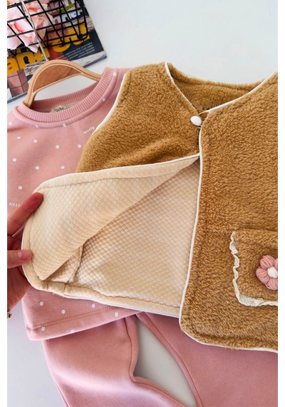 Minigimin Cicileri Çiçek Cep Detaylı Peluş Yelekli Kız Bebek 3 Lü Takım - Pembe