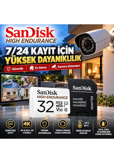 Sandisk High Endurance 32 Gb Microsdhc Hafıza Kartı + Sd Adaptör 100 Mb/s, U3 V30 Class 10, 4k Ful
