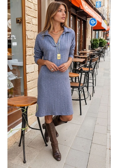 Pasaklı Giyim Kadın Gri Polo Yaka Midi Uzun Kollu Fitilli Spor Triko Elbise Oversize Yb2988176 2988176