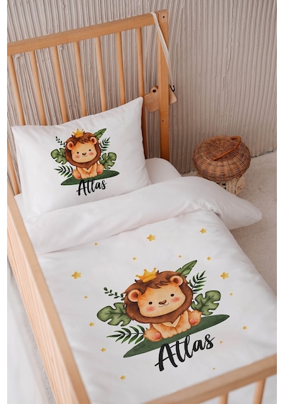 %100 Pamuk Saten Isme Özel Isimli 100x150 Bebek Yatak Nevresim Seti Aslan 1
