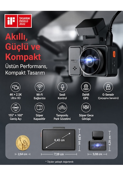 Vantrue Element2 Pro 4k Uhd + 2.7k Qhd 5ghz Wi-fi Araç İçi Kamera