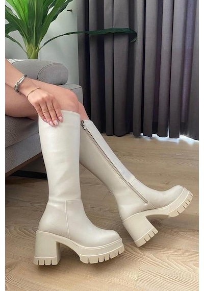 Asmi Shoes Kadın Fenni Krem Cilt 8 Cm Topuklu Yandan Fermuarlı Çizme Krem Krem
