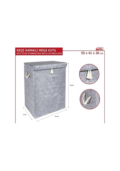 Keçe Kapaklı Çamaşır Sepeti, Çok Amaçlı Mega Saklama Kutusu Gri 55x41x30 Cm Gri