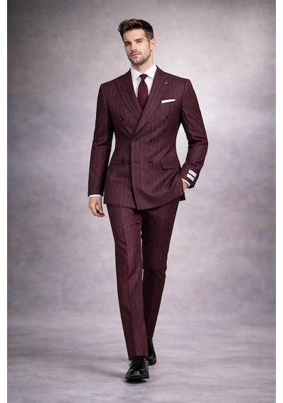 Fabıo Cassel Lacivert Kruvaze Erkek Takım Elbise Slim Fit Burgonya