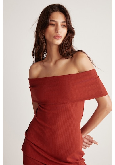 Grımelange Julene Kadın Esnek Fitilli Kumaşlı Bardot Yaka Bodycon Vücüdu Saran Midi Kiremit Rengi Elbise