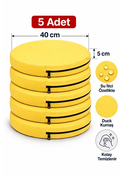 Kreş Minderi Anaokulu Aktivite Minderi, Bahçe, Dekor, Sandalye Minderi 40x40x 5 Cm Yuvarlak Minder 5adet Sarı