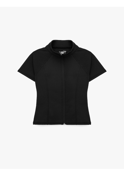 Koton Slim Fit Fermuarlı Dik Yaka Kısa Kollu Spor Tişört Siyah 7wak10024nk