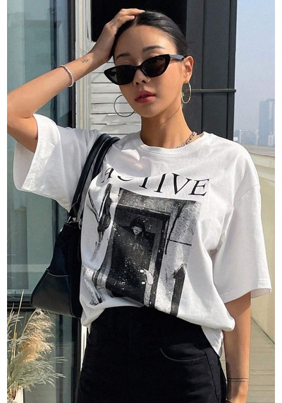 Uyguntarz Unisex Active Baskılı Oversize Tshirt Beyaz