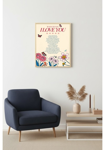 Doğal Ahşap Çerçeveli Retro Çiçekli Romantik Tablo - Aşk Sözleri Huhu2583