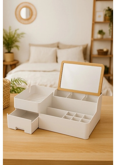 Makri Home Bambu Aynalı Kozmetik Takı Makyaj Organizer, 29 X 17,5 X 10 Cm, Portatif Bambu Aynalı Krem