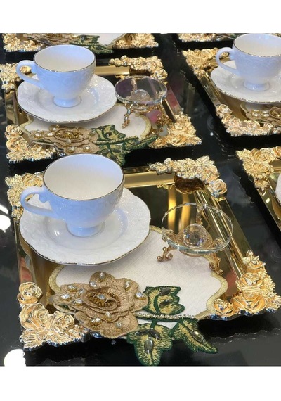 Atabey Home Collection 6'lı Kahve & Çay & Sunum Tepsisi Metal Döküm Gold Tepsi Gül Model