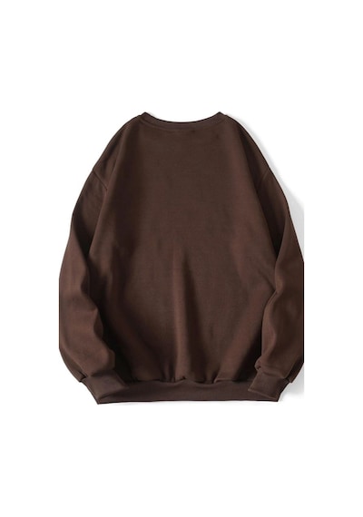 Los Angeles Yazı Tasarım Sweatshirt - Kahverengi Baskılı Oversize Kalın Kışlık Bisiklet Yaka Kahverengi