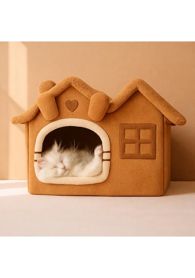 Villa Kedi Evi Peluş Kapalı Kedi Yatağı Minderli Katlanır Camel