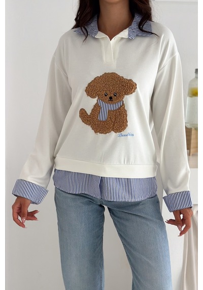 Kadın Nakış Peluş Ayıcık Figürlü Sweatshirt Eğlenceli & Şehirli Stil Beyaz