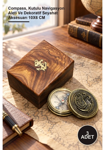 3 Adet Ahşap Kutulu Pirinç Pusula Compass, Kutulu Navigasyon Aleti Ve Dekoratif Seyahat Aksesuarı 10x6 Cm