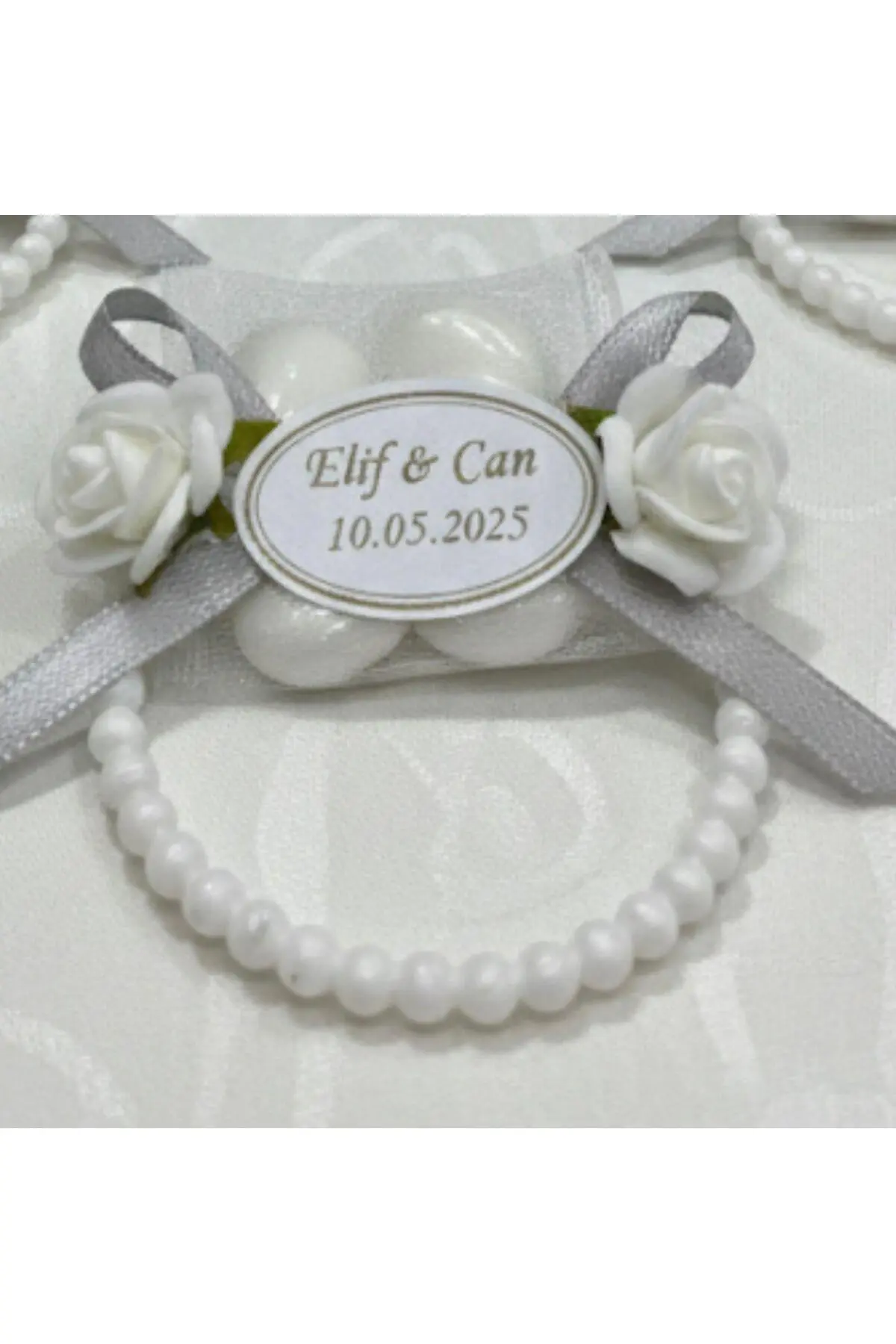 10'lu Pratik Şık Plastik İncili Nikah Şekeri Halkası 7cm-beyaz