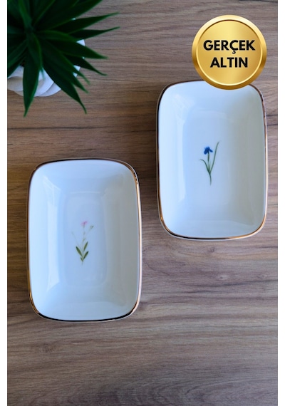 Tabak Evi Porselen Natura Karma Altın Yaldızlı Dikdörtgen Kayık Tabak 14x9,8cm 2 Parça Çok Renkli