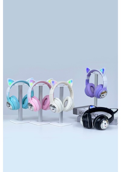 Hd11 Siyah Sevimli Kedi Karükatür Kulak Led Işıklı 5.3 Bluetooth Kulak Üstü Kulaklık