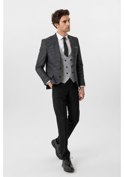 Süvari Siyah Slim Fit Desenli Sivri Yaka 6 Drop Yelekli Klasik Takım Elbise