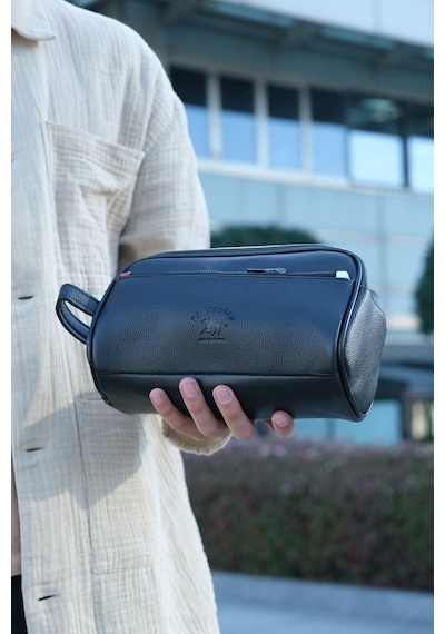 Newısh Polo Accessorıes Erkek Siyah Suya Dayanıklı Suni Vegan Deri Traşlık Bakım Seyahat El Çantası Portföy/clutch Siyah