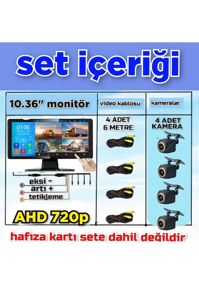 Balık Gözü 4 Adet Ahd 720p 170'' Kamera Ve Dokunmatik 10.36'' Video Müzik Dvr Ekran 12 V 256 Gb