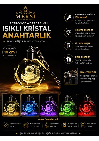 Astronot Ay Tasarımlı Işıklı Kristal Anahtarlık Renk Değiştiren Led Anahtarlık Şeffaf