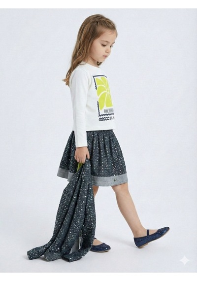 Xo Kids Simli Kumaş Kapüşonlu 3lü Kız Çocuk Etek Takımı 3-7 Yaş 4416 Lacivert