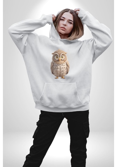Baykuş Kadın Erkek Beyaz Kapüşonlu Sweatshirt Hoodie Beyaz