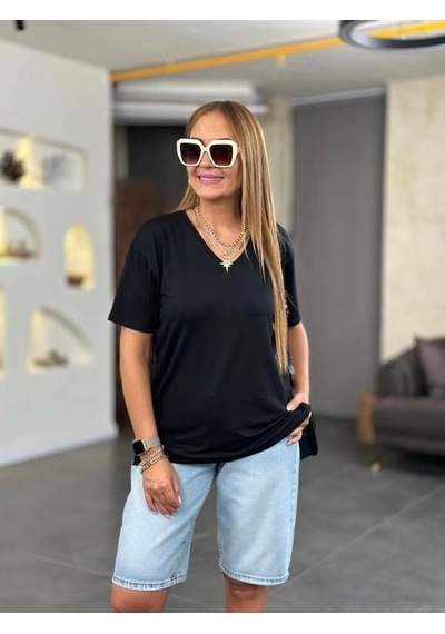 Defymoda Kadın Kısa Kollu V Yaka Bluz Siyah