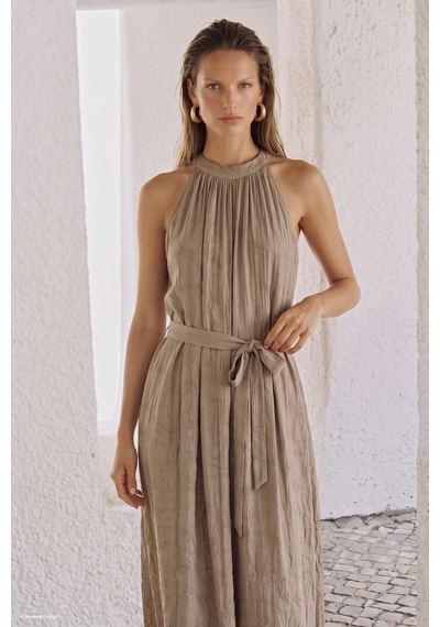 Sateen Kuşaklı Elbise - Camel-137744