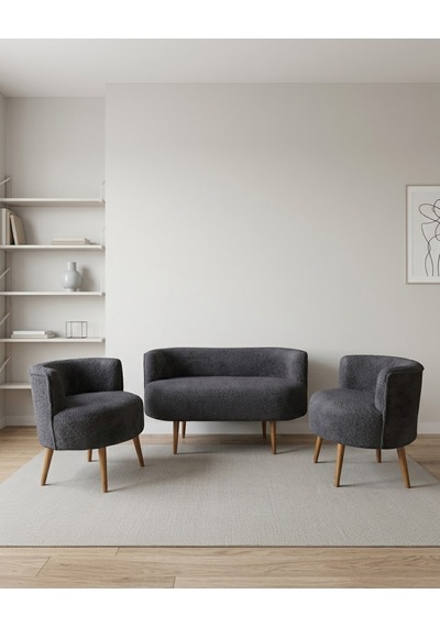 Sydney 2+1+1 Welsoft Tüylü Yumuşak Kumaş Balkon Çay Seti Koltuk Takımı - Ahşap Ayak - Antrasit