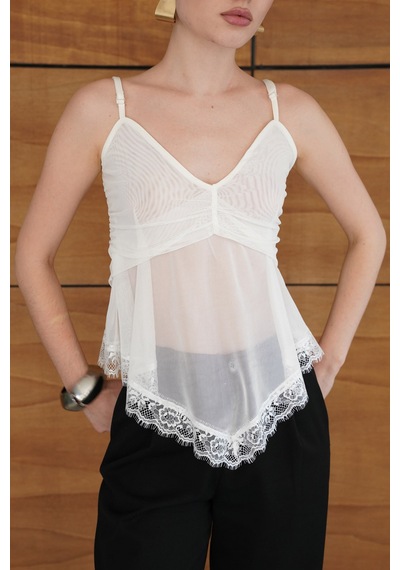 Verymoda D 2979 Askılı Dantel Detaylı Tül Bluz - D2979 Krem