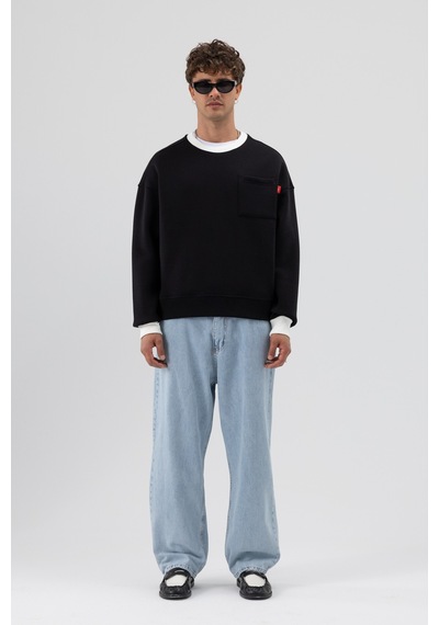 Vamos Bisiklet Yaka Cep Detaylı Oversize Sweatshirt Siyah