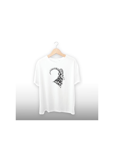 Geyik Çizimi Detaylı Unisex Tişört Beyaz