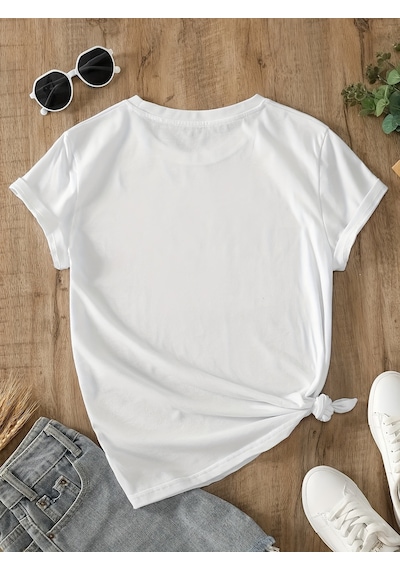 Unisex Sevimli Kedi Patili Kalp Tasarım Basklı Tshirt Beyaz