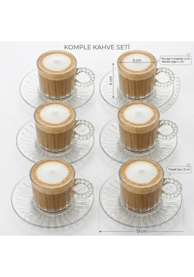 6'li Cam Kahve Fincanı Seti Boncuk Kulplu Şeffaf Espresso & Türk Kahvesi Fincan Takımı Tabaklı Diğer