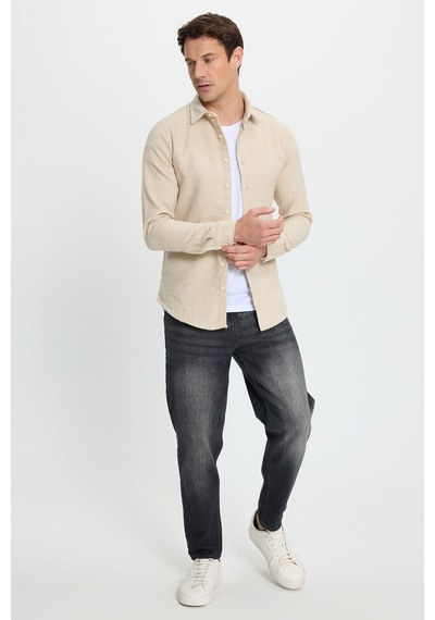 Tudors Erkek Slim Fit Dar Kesim Uzun Kollu Düz Kışlık Oduncu Bej Gömlek-41539