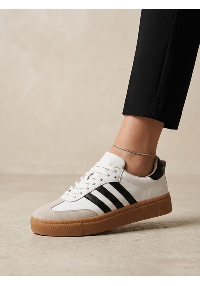 Potinonline 3020 Kadın Hakiki Deri Sneaker Ayakkabı Beyaz - Siyah